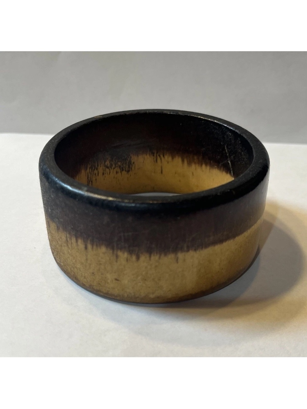 Vintage Two-Tone Wide Wooden Bangle Bracelet Black & Natural 7.8” 2.5 diameter